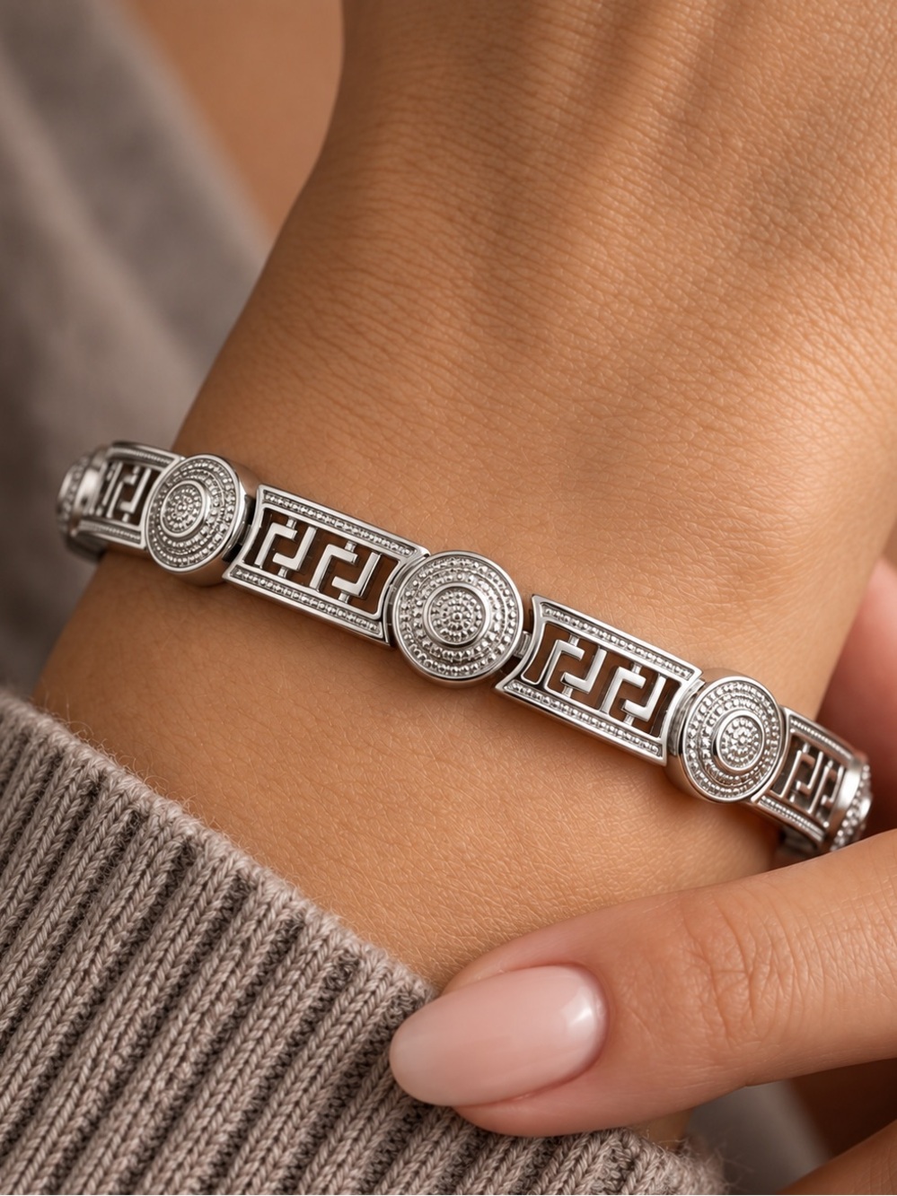 Greek Key Platinum Plated Bracelet Statement Dainty Silver Tone Water Resistant